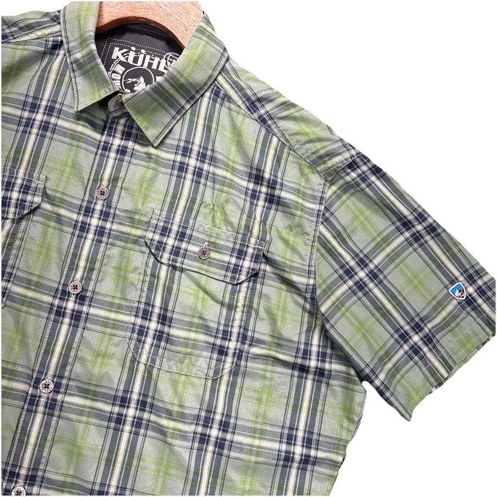 Kuhl Eluxur Shirt Mens Small Green Plaid Button Up Logo Short Sleeve Pockets